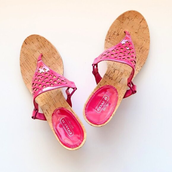 Coach Brookk Fuchsia Pink Patent Leather Thong Slip On Wedge Heel Mule Sandals - Picture 13 of 16